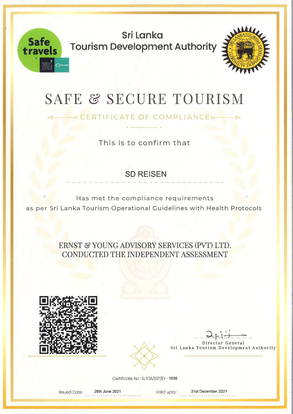 SD Reisen Safe and Secure Certificate